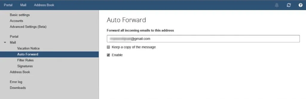 Auto forward settings for incoming email