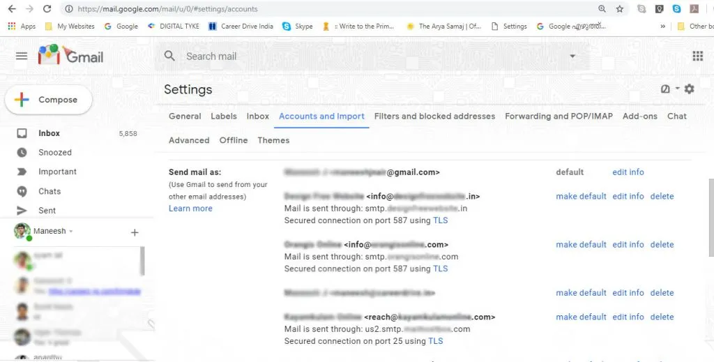 Gmail “accounts and import” settings