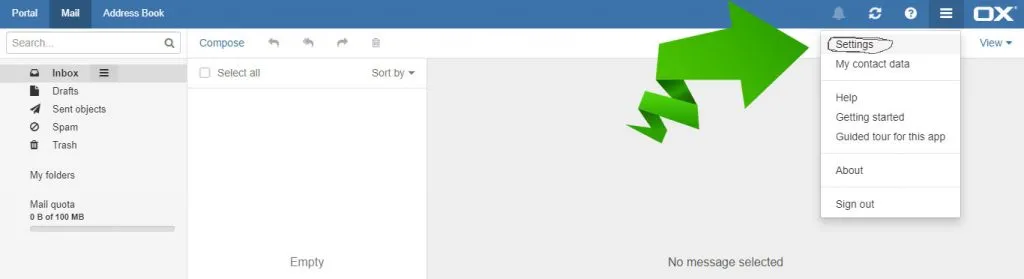 Webmail settings panel